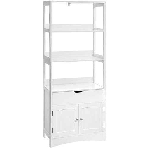 Bathroom Storage Cabinet, Tall Cabinet, Free Standing Bookshelf, with 3 Open Shelves, 1 Drawer and 1 Cupboard, 60 x 32.5 x 154 cm, for Entryway, Kitchen, Study Room, White