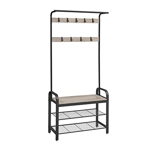 Coat Stand, Shoe Rack with Seat, Clothes Rack with 9 Removable Hooks, Bench, 2 Grid Shelves, 183 cm High, Industrial Design, Greige Black