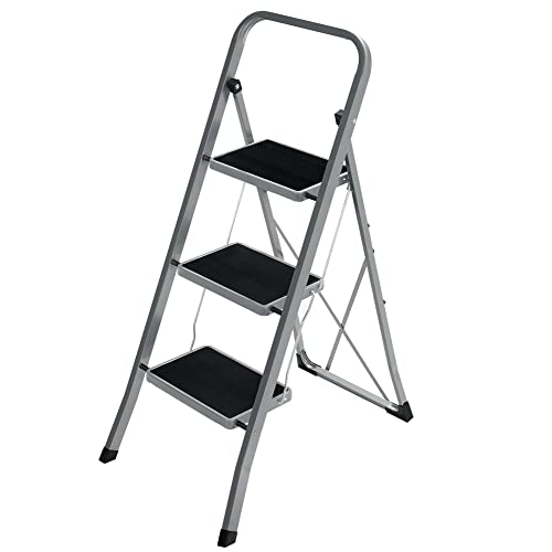 3-Step Ladder, Folding Ladder, 20 cm Wide Steps Covered with Non-Slip Rubber, Rubber Feet, Handrail, Max. Static Load 150 kg, Steel, Grey and Black