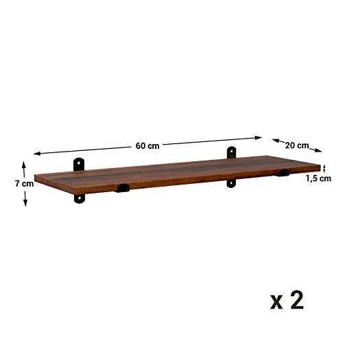 Wall Shelves Set of 2, 60 x 20 x 7 cm, Floating Shelves, Decorative Shelves, Retro Style, for Bedroom Living Room Kitchen Hallway, Max Capacity 15 kg for Each, MDF Brown and Black