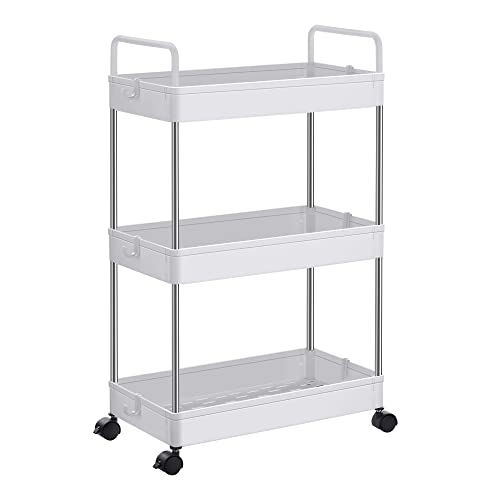 3-Tier Storage Trolley, Kitchen Shelf on Wheels, Bathroom Trolley, Space-Saving, with Handles, 22 x 40 x 67 cm, White