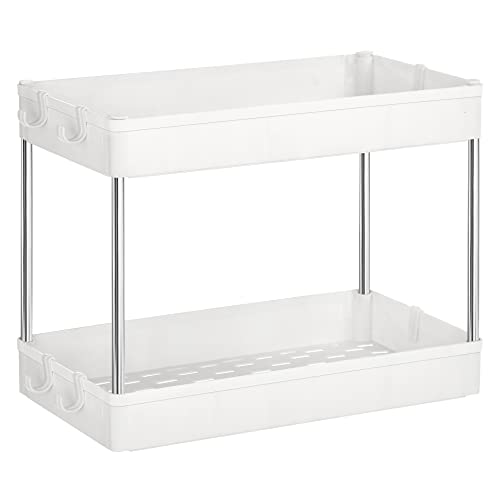 Under Sink Organizer, Under Bathroom Sink Storage 2 Tier Organizer Bath Collection Baskets with Hooks，White