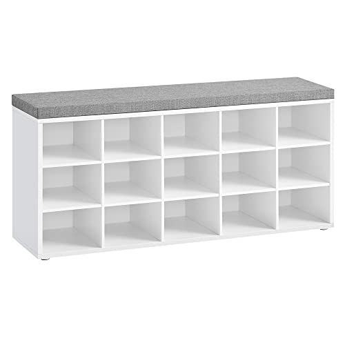 Shoe Bench Bench Shoe Rack with Seat with Cushion and 15 Compartments Storage Rack for Hallway Holds up to 200 kg White Grey