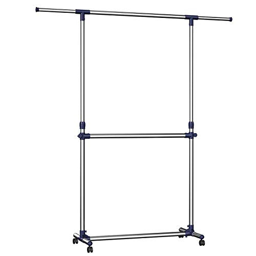 Adjustable Garment Rack Clothes Hanging Rail Stand with Middle Rail - Stainless Steel Clad Pipe