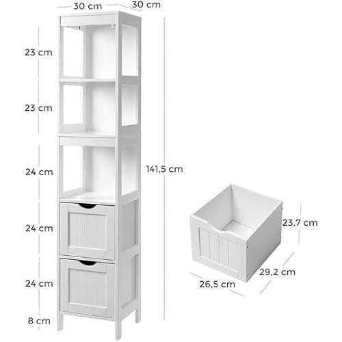 Hochschrank, Badezimmerschrank, Aufbewahrung von Badutensilien, mit 2 Schubladen und 3 offenen Fächern, 30 x 30 x 141,5 cm, Badezimmer, Wohnzimmer, Küche, weiß