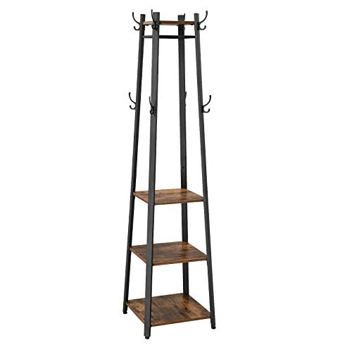 Coat Rack, Coat Stand with 3 Shelves, Ladder Shelf with Hooks for Scarves, Bags and Umbrellas, Steel Frame, Industrial Style, Rustic Brown and Black