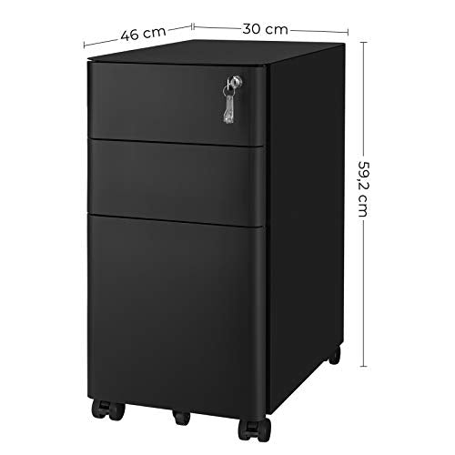 Mobile File Cabinet, Office Cabinet with Wheels and Lock, for A4, Legal, Letter Sized Documents, Hanging File Folders, Black