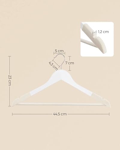 Set of 20 Solid Wood Hangers with Velvet Cover, Non-Slip Notches in the Shoulder Area, with Bar for Trousers, 360° Rotating Hook, for Jackets, White