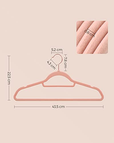 Velvet Hangers, Set of 30 Coat Hangers for Clothes, Non-Slip, with Tie Bar and Rose Gold Hook, Space-Saving, 0.6 cm Thick, 43.5 cm Long, for Dresses Trousers, Light Pink