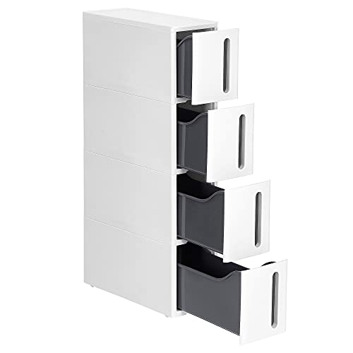 Plastic Storage Drawers, Narrow Storage Trolley on Wheels, 4-Drawer Storage Unit Tower for Bathroom Kitchen, Space-Saving, 45 x 17 x 83 cm, White and Grey