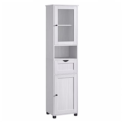 Bathroom Cabinet, Column Storage Unit with Adjustable Shelves, Door Cupboards, Drawers, Space-Saving, Wood White