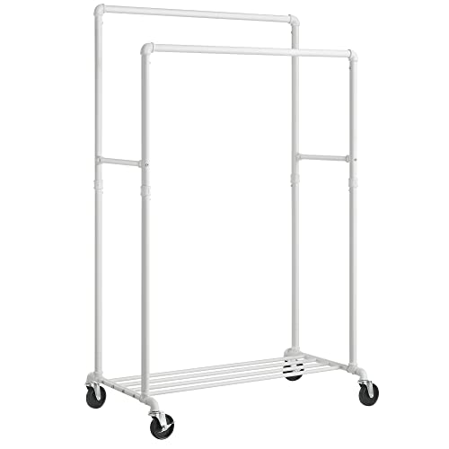 Clothes Rail, Clothes Rack, Coat Stand with Double Hanging Rail, Wheels, Storage Shelf, Maximum Load of 110 kg, Industrial Style, for Bedroom, Dressing Room White