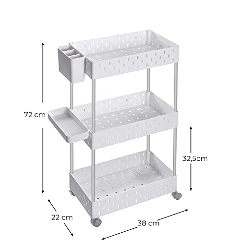 3-Tier Storage Trolley, Rolling Cart with Wheels, Bathroom Shelf with 6 Removable Hooks, 1 Tray, 1 Container, for Kitchen, Living Room, 38 x 22 x 72 cm, White