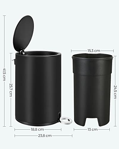 Bathroom Bin, 3 Litre Toilet Pedal Bin, Cosmetic Bin with ABS Lid and Plastic Inner Bucket, Steel