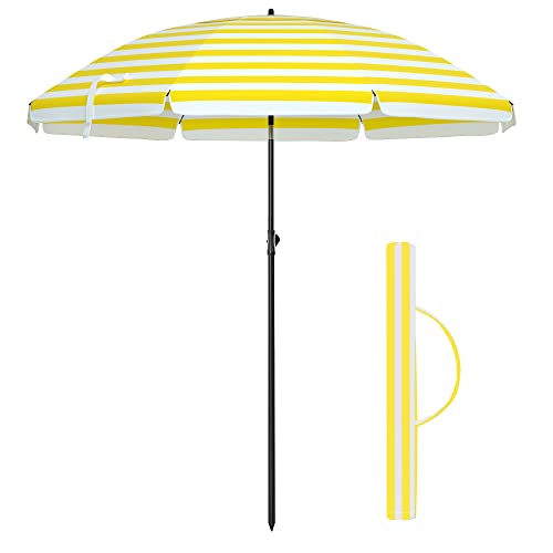 2 m Parasol, Beach Umbrella, Sun Protection with UPF 50+, Portable Octagonal Canopy, Tilt Mechanism, Air Vent, Carry Bag, for Beach, Gardens, Balcony, Pool, Yellow and White Stripes