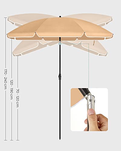 2 m Parasol, Beach Umbrella, UPF 50+, Sun Protection, Portable Octagonal Polyester Canopy, Fibreglass Ribs, Tilt Mechanism, Carry Bag, for Beach Garden Balcony Pool, Taupe