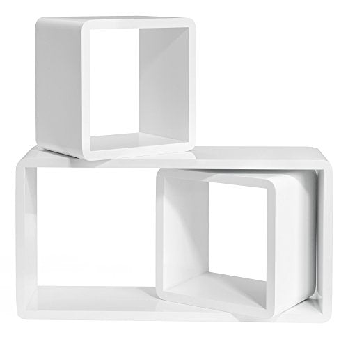 Set of 3 Floating Shelves, Wall Shelves with High Gloss Finish, Wooden Cube Storage Organisers, 15 cm Depth, 50/22/22 cm, White