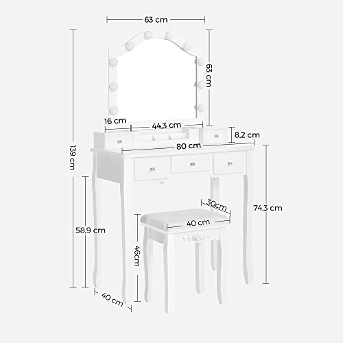 Dressing Table Set, Dressing Table, Padded Stool, 10 Bulbs, Removable Storage Box with 6 Compartments, 5 Drawers, 1 Drawer Divider, Gift Idea, for Bedroom, White