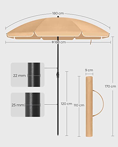 1.6 m Parasol, Beach Umbrella, UPF 50+, Sun Protection, Portable Octagonal Polyester Canopy, Fibreglass Ribs, Tilt Mechanism, Carry Bag, for Beach Garden Balcony Pool, Taupe