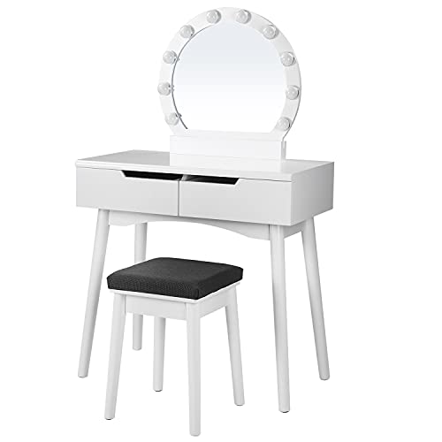 Makeup Vanity Set with 10 Light Bulbs and Touch Switch, Dressing Makeup Table Desk with Large Round Mirror, 2 Sliding Drawers, 1 Cushioned Stool, White U