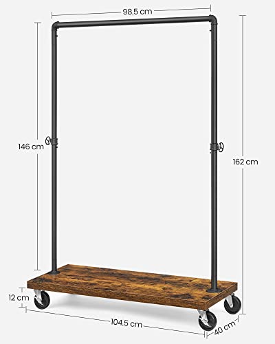 Clothes Rail for Bedroom, Heavy-Duty Clothes Rack, Industrial Pipe Rolling Garment Rack with Shelf, Top Rail Max. Load 90 kg, Laundry Room, Retail Store, Rustic Brown and Black