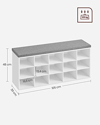 Shoe Bench Bench Shoe Rack with Seat with Cushion and 15 Compartments Storage Rack for Hallway Holds up to 200 kg White Grey