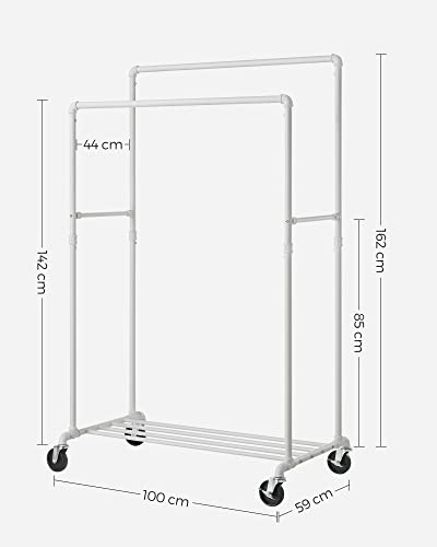 Clothes Rail, Clothes Rack, Coat Stand with Double Hanging Rail, Wheels, Storage Shelf, Maximum Load of 110 kg, Industrial Style, for Bedroom, Dressing Room White