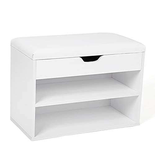 Shoe Rack with Hinged Lid and Padded Seat, Shoe Organizer with 2 Compartments, 60 x 30 x 44 cm, White