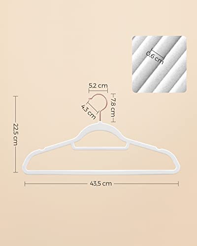 Velvet Hangers, Set of 30 Coat Hangers for Clothes, Non-Slip, with Tie Bar and Rose Gold Hook, Space-Saving, 0.6 cm Thick, 43.5 cm Long, for Dresses Trousers, White