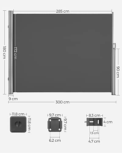 180 x 300 cm Toldo lateral para balcón y terraza, Certificado de TÜV SÜD GS, Protección de la intimidad, Protección solar, Persiana lateral, Gris antracita