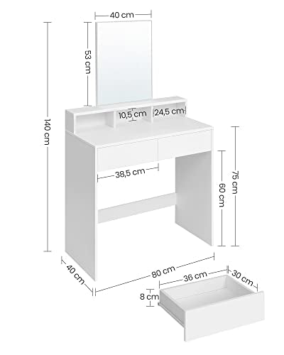 Dressing Table with Large Rectangular Mirror, Makeup Table with 2 Drawers and 3 Open Compartments, Vanity Table, Modern Style, White