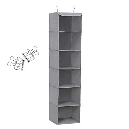 Hanging Storage with 6 Shelves Wardrobe Closet Organiser + 2 Clips, Grey 30 x 30 x 130 cm (W x D x H)