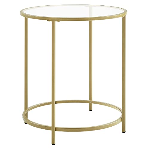 Round Side Table, Tempered Glass End Table With Golden Metal Frame, Small Coffee Table, Bedside Table, Living Room, Balcony, Robust and Stable, Decorative, Gold