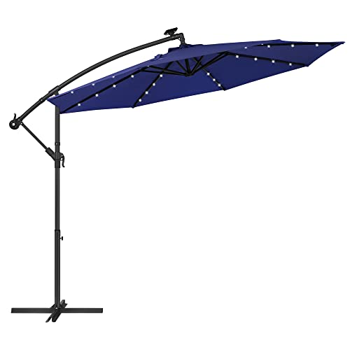 Cantilever Garden Patio Parasol with Solar-Powered LED Lights, 3 m Offset Parasol with Base, UPF 50+ Banana Hanging Umbrella, Crank for Opening Closing, Navy Blue