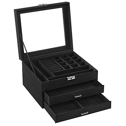 Jewellery Box, 3-Tier Velvet Jewellery Display Case and Organiser with Clear Glass Lid, Varying Compartments for Necklaces, Bracelets, Rings, Lock and Key, Black