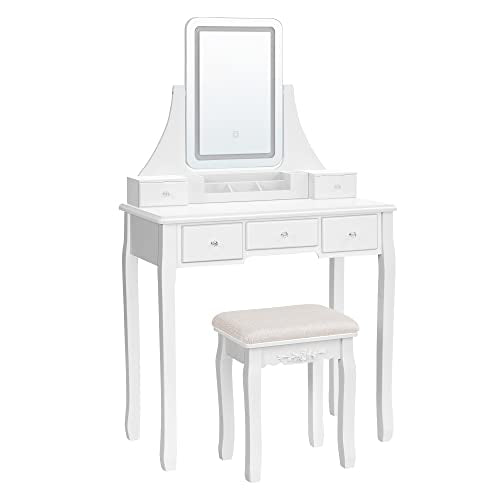 Dressing Table with LED Lighting in 3 Colours, Dressing Table with 360° Rotating Mirror, Cosmetic Table with Padded Stool, 5 Drawers, Removable Makeup Organiser, White