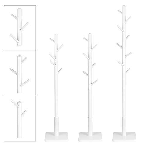 Coat Rack, Solid Wood Coat Stand, Free Standing Hall Coat Tree with 8 Hooks for Coats, Hats, Bags, Purses, for Entryway, Hallway, Rubberwood Hooks and Pole, White