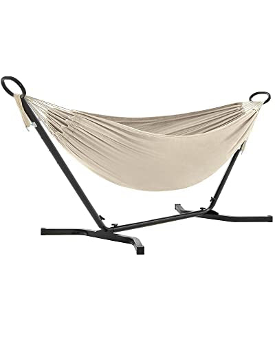 Hammock with Stand, 210 x 150 cm Hammock, 5 Adjustable Heights, Portable Hammock with Metal Frame, Load Capacity 240 kg, Patio, Garden, Yard, Black Stand and Beige Hammock