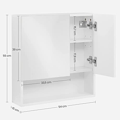 Mirrored Cabinet, Bathroom Cabinet with Height-Adjustable Shelves, Door and Top Panel with High-Gloss Surface, Bathroom, 54 x 15 x 55 cm, White