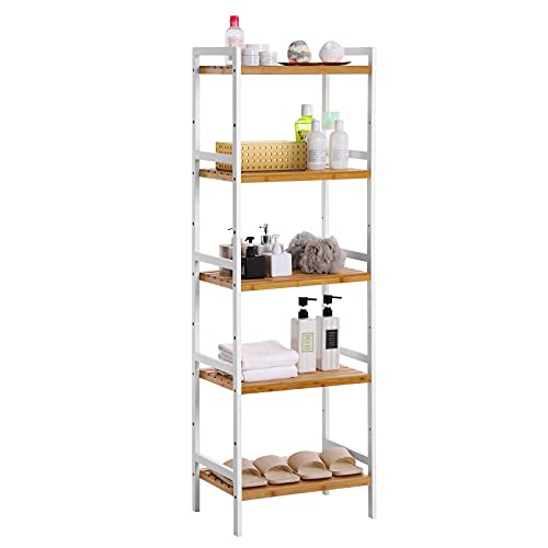 5-Tier Bamboo Storage Rack for Bathroom, Kitchen, Bedroom, 31.5 x 45 x 142 cm, Natural and White