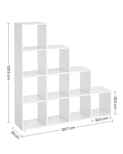 Bookcase, Stair Organiser, 10 Open Cubes, Wooden Display Shelf, Free Standing Shelf, 129.5 x 29 x 129.5 cm, Room Divider, White