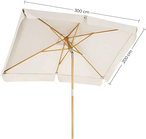 Balcony Umbrella, 3 x 2 m Rectangular Garden Parasol, Sun Protection, Wooden Pole and Ribs, Tilt Mechanism, Base Not Included, for Patio Outdoor Garden Terrace, Beige