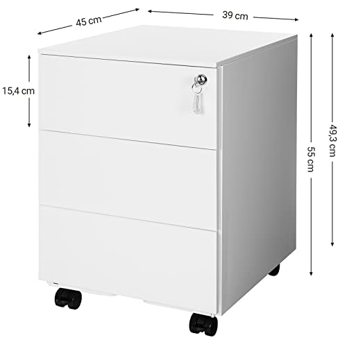 Songmics Steel Rolling Bin, Mobile Filing Cabinet, Lockable with 3 Drawers, File Storage, Office Supplies, Pre-Assembled Office, Home Office