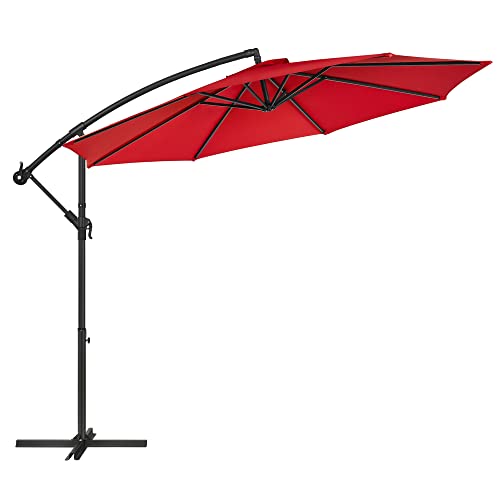 Cantilever Garden Patio Umbrella with Base, 3 m Offset Parasol, Banana Hanging Umbrella, Sunshade with Protection UPF 50+, Crank for Opening Closing, Red