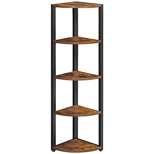 5-Tier Corner Shelf, Multipurpose Storage Shelf, Plant Stand, for Living Room, Bedroom, Home Office, Studio, Industrial, Rustic Brown and Black