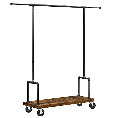 Clothes Rail, Heavy-Duty Clothes Rack with Extendable Hanging Rail, Shelf and Wheels, Industrial Pipe Design, Rustic Brown and Black