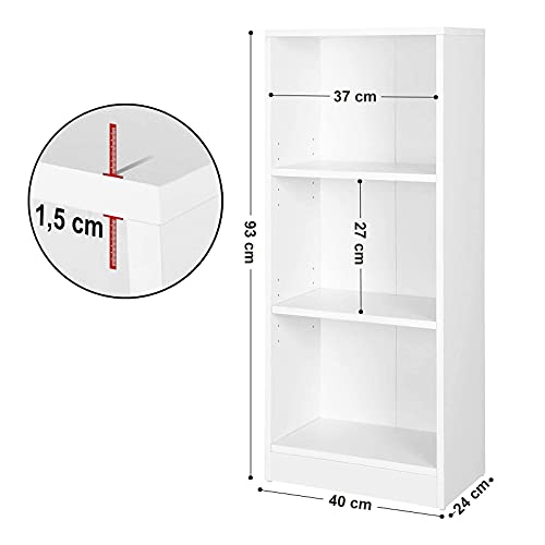 3-Tier Bookcase with Adjustable Shelves, Kid’s Bookshelf and Storage Unit for Study Home Office, 40 x 24 x 93 cm, White