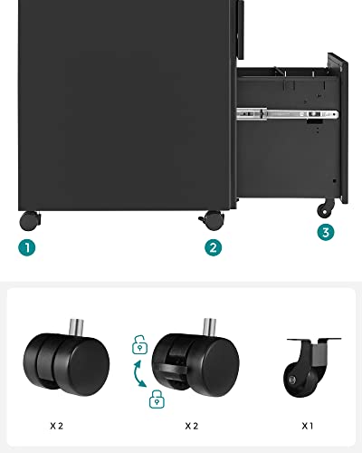 Office Filing Cabinet Mobile Storage Cabinet with Wheels and Lock for Documents and Suspension File with 3 Drawers Black