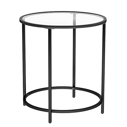 Round Side Table, Small Coffee Table, Tempered Glass End Table with Steel Frame, Bedside Table, Living Room, Balcony, Black