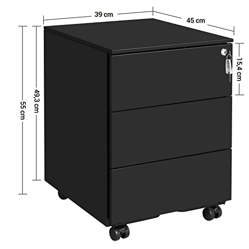 Mobile File Cabinet, Lockable, with 3 Drawers, Hold Documents, Stationery, Pre-Assembled, for Office, Home Office, 39 x 45 x 55 cm (L x W x H), Matte Black